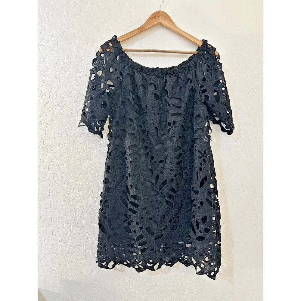 Womans Black‎ Eyelet Lace Overlay Mini Dress M Fairy Grunge Whimsigoth Witchy